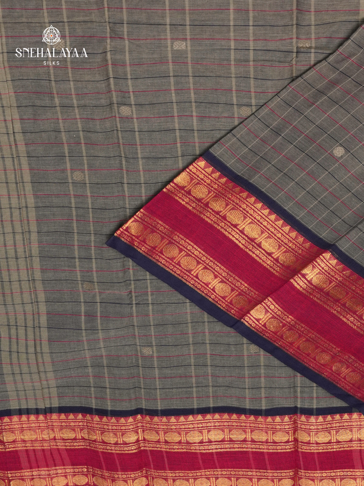 Checked Charcoal Grey Kanchi Cotton Saree with Red & Navy Irandu Karai Zari Borders