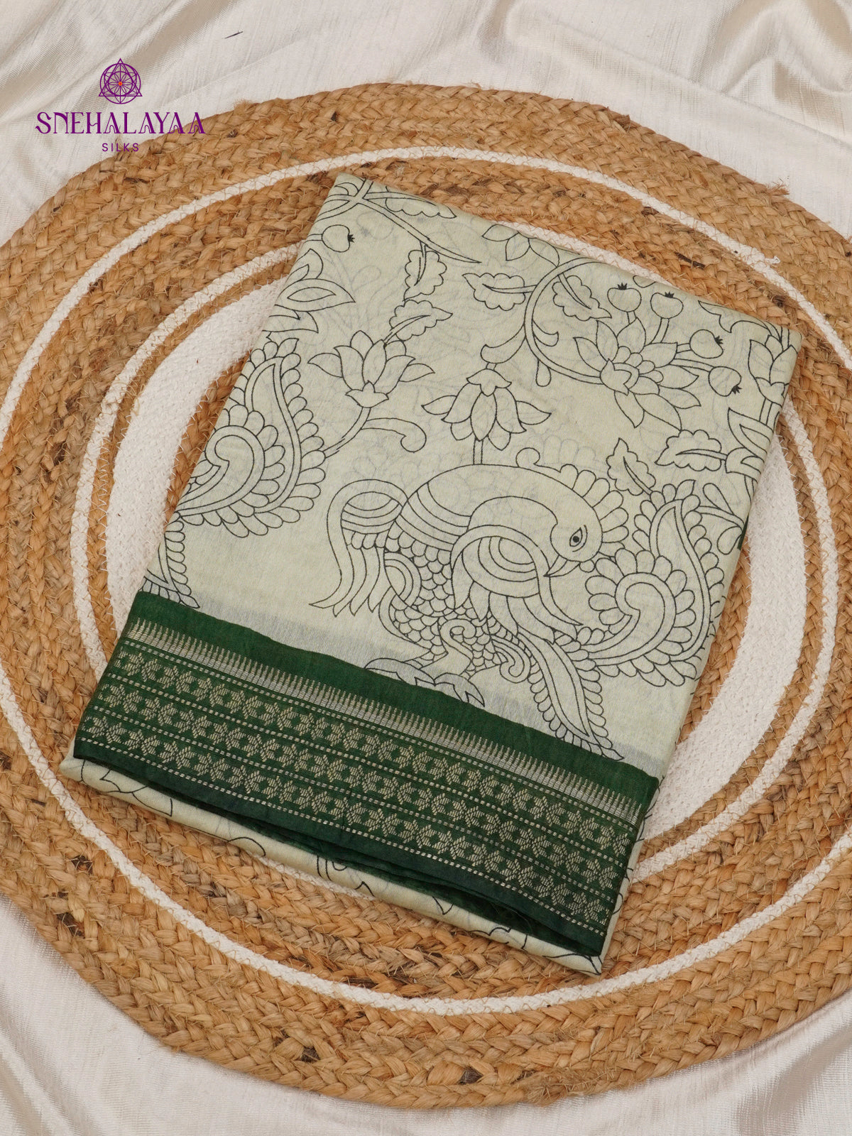 Light Pistachio Kalamkari Saree with Dark Green Woven Border