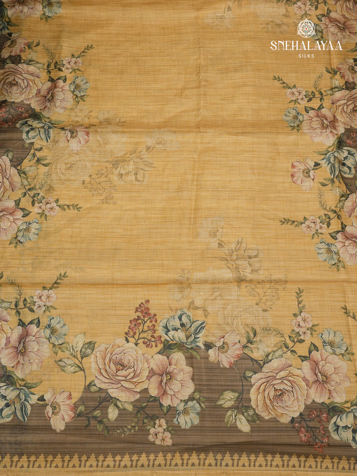 Mustard Yellow With Brown Border Printed Kota Saree