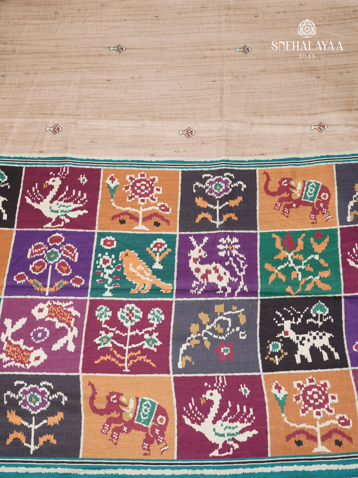 Beige Floral Printed Tussar Saree