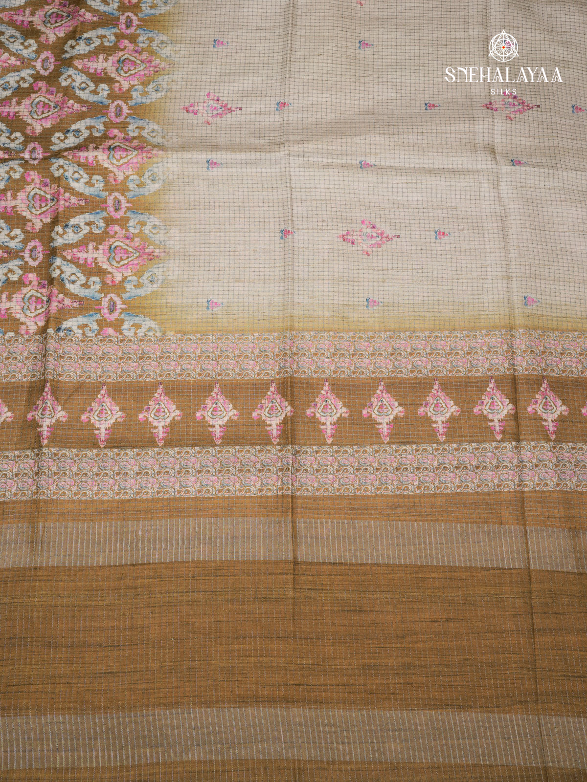 Beige Floral Printed Tussar Saree