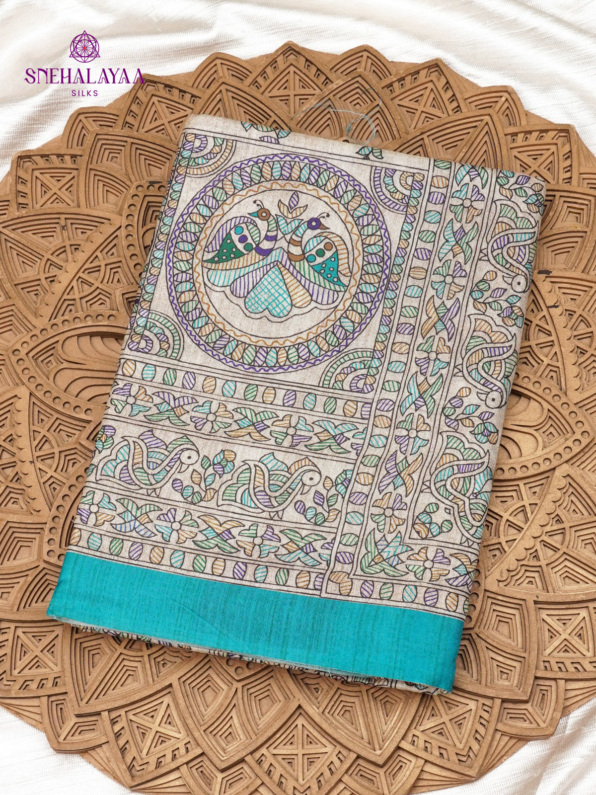 Beige With Blue Border Madhubani Saree