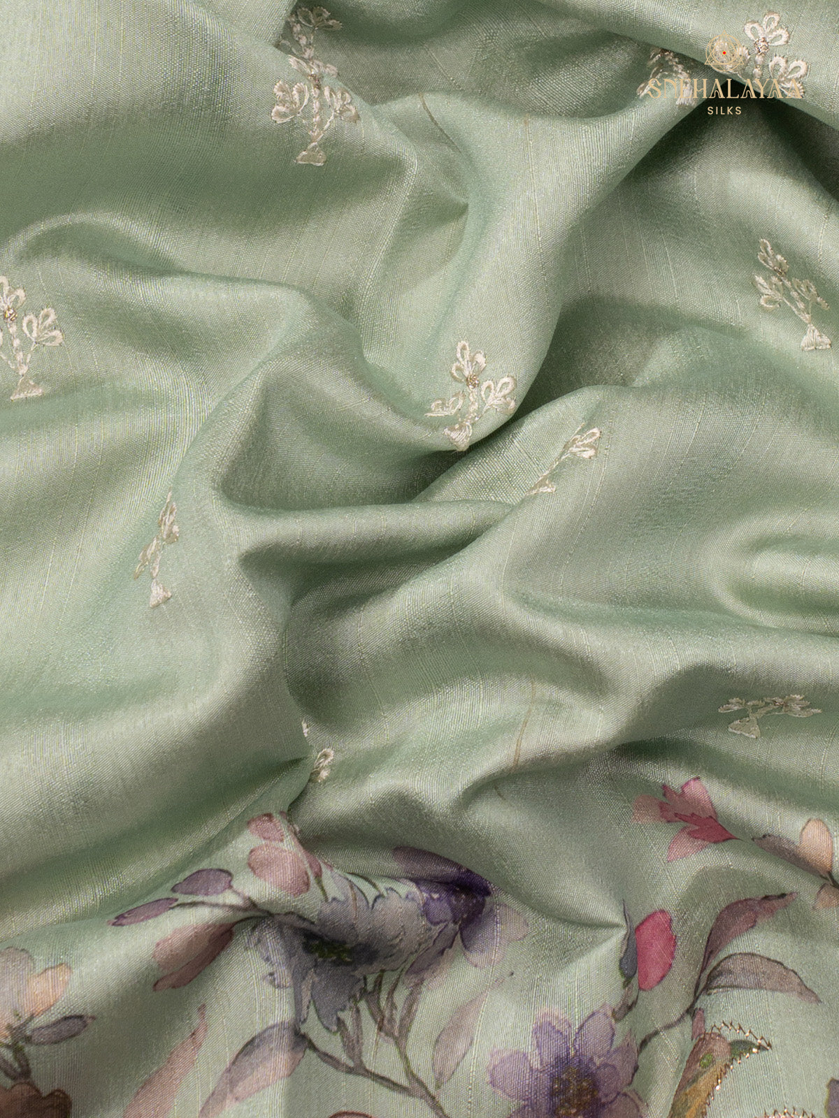 Pista Raw Silk Embroidery Saree