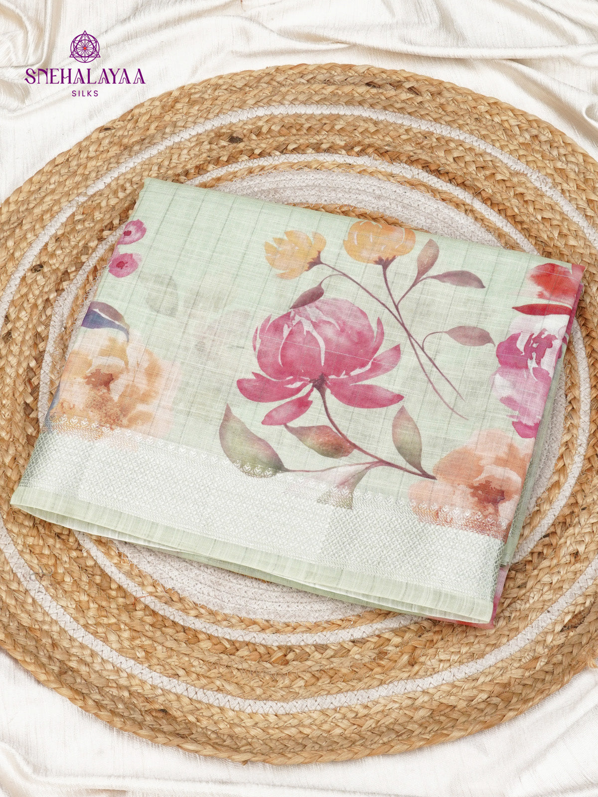 Pastel Green Printed Linen Saree