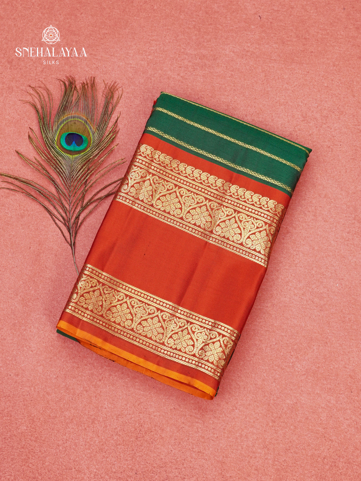 Bottle Green Pure Kanchipuram Silk Saree with Red Zari Border