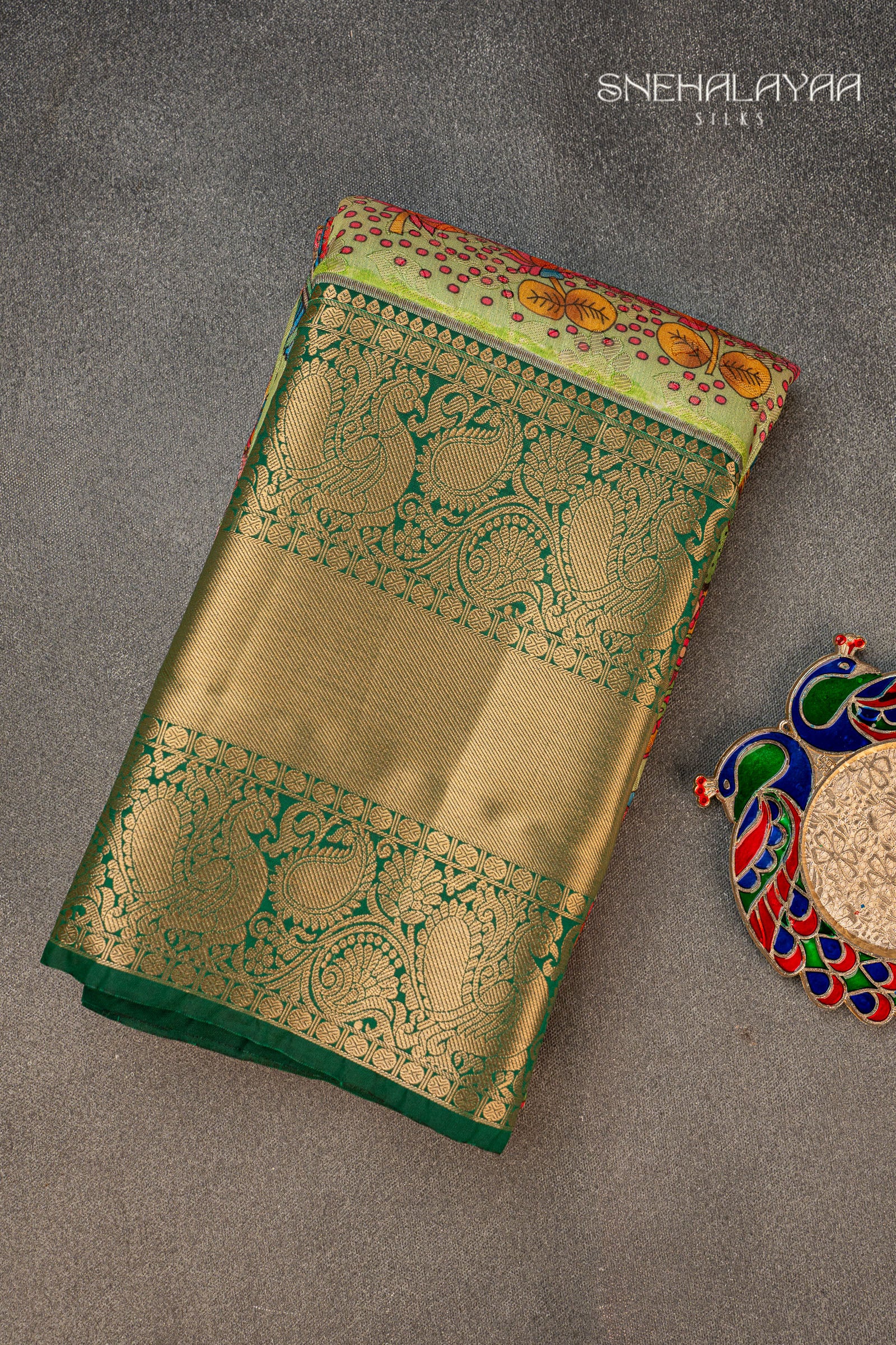 Chartreuse Green Semi Kalamkari Silk Saree