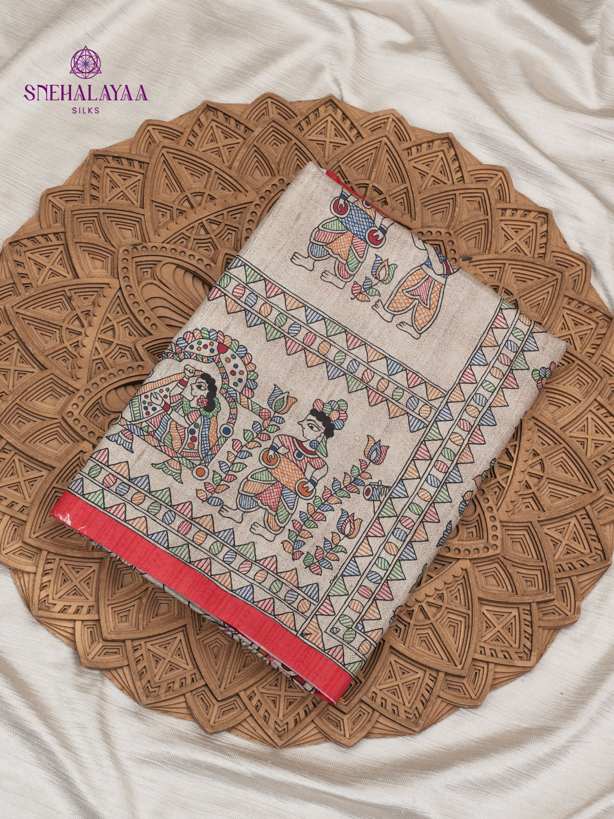 Beige With Rose Border Madhubani Saree