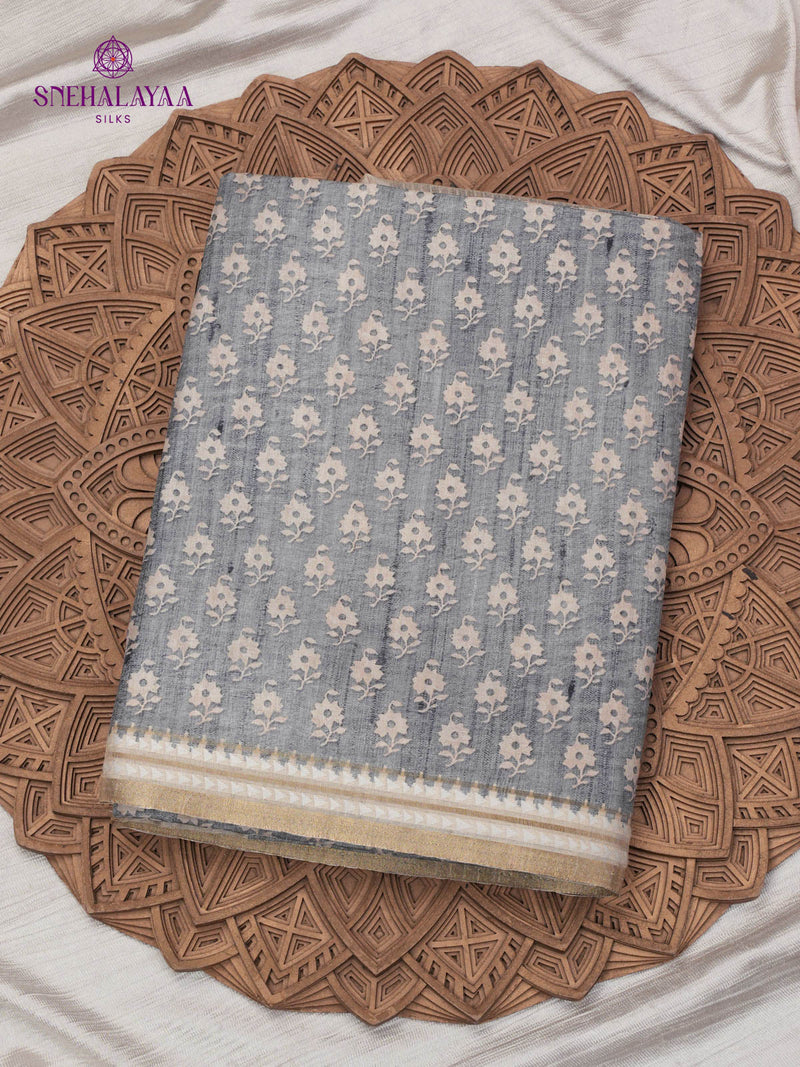 Grey Floral Printed Tussar Saree