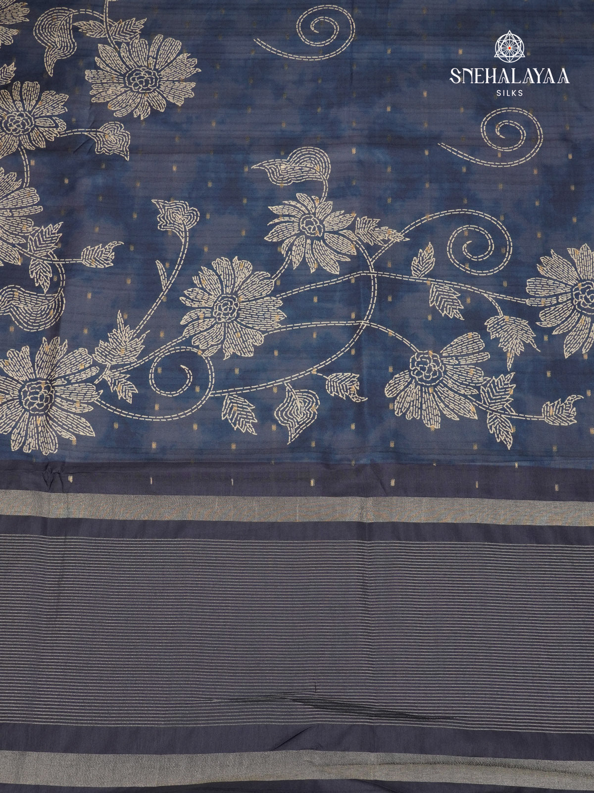Teal Blue Floral Printed Tussar Saree