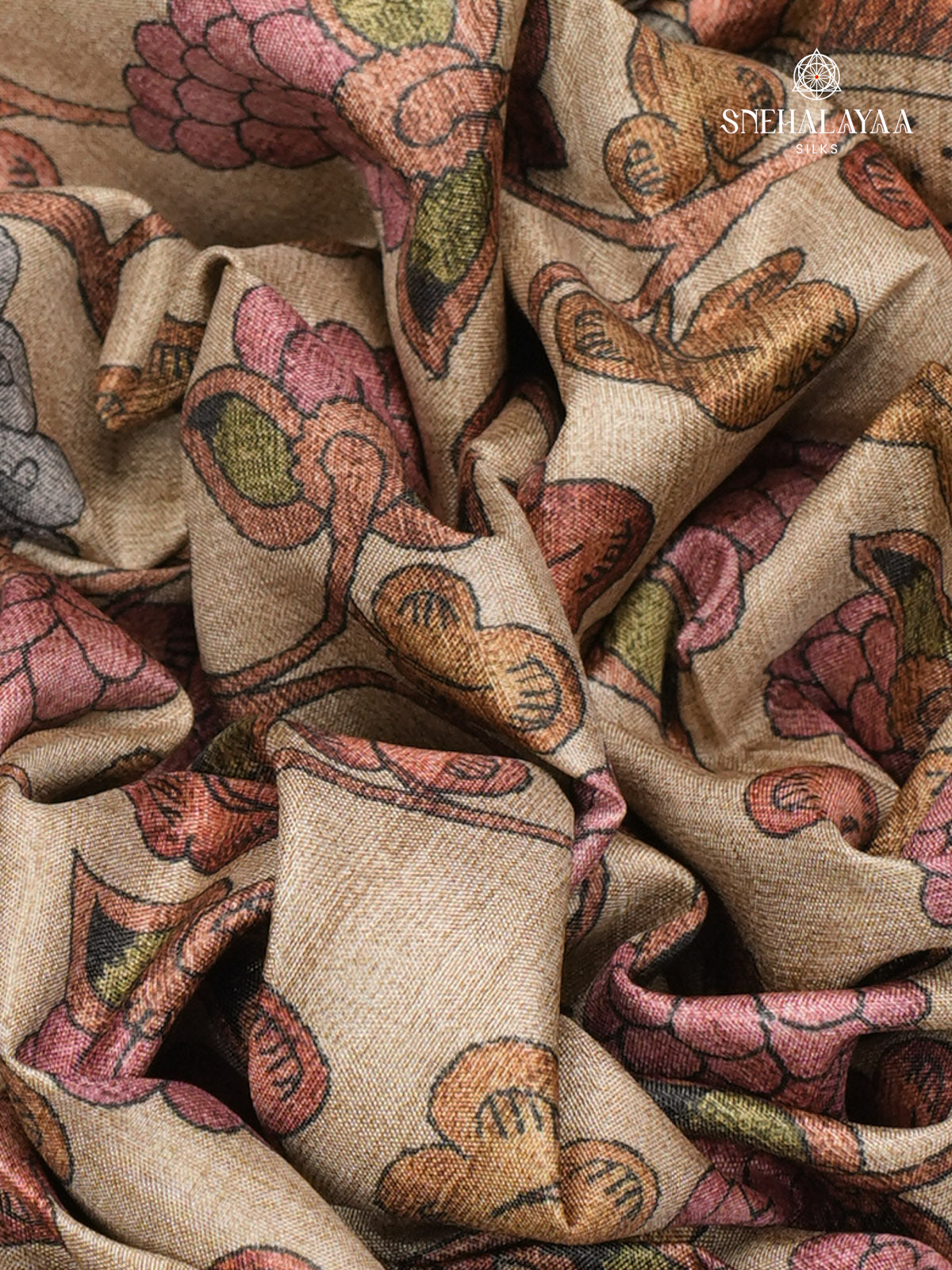 Beige With Red Border Kalamkari Tussar Saree