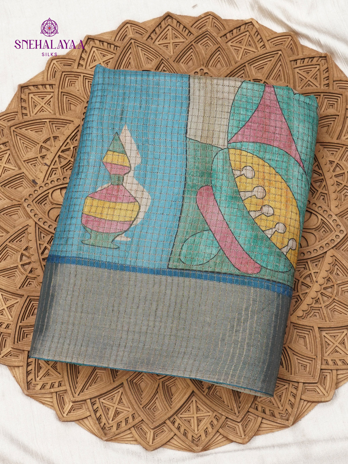 Teal Blue Printed Tussar Saree