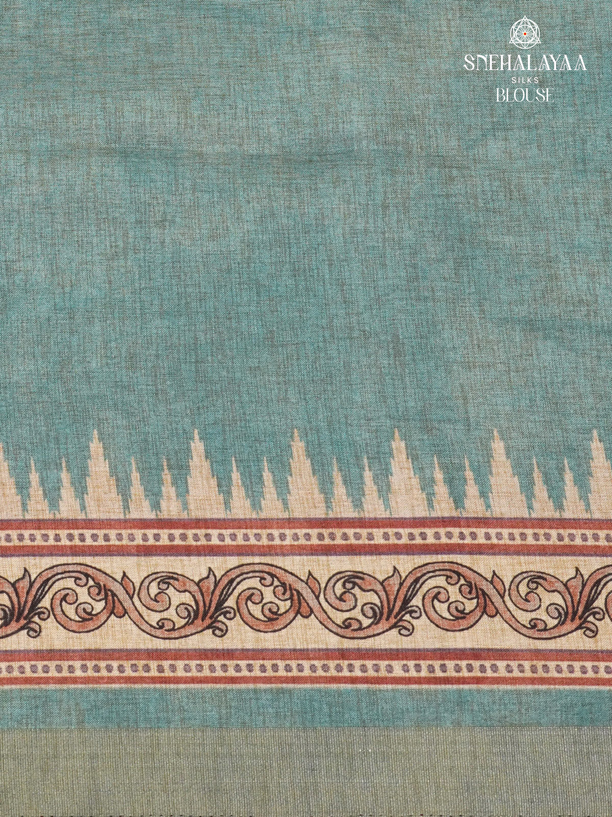 Beige With Teal Blue Border Floral Printed Tussar Saree