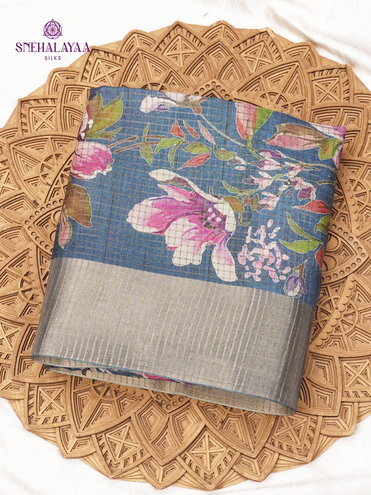 Beige Floral Printed Tussar Saree