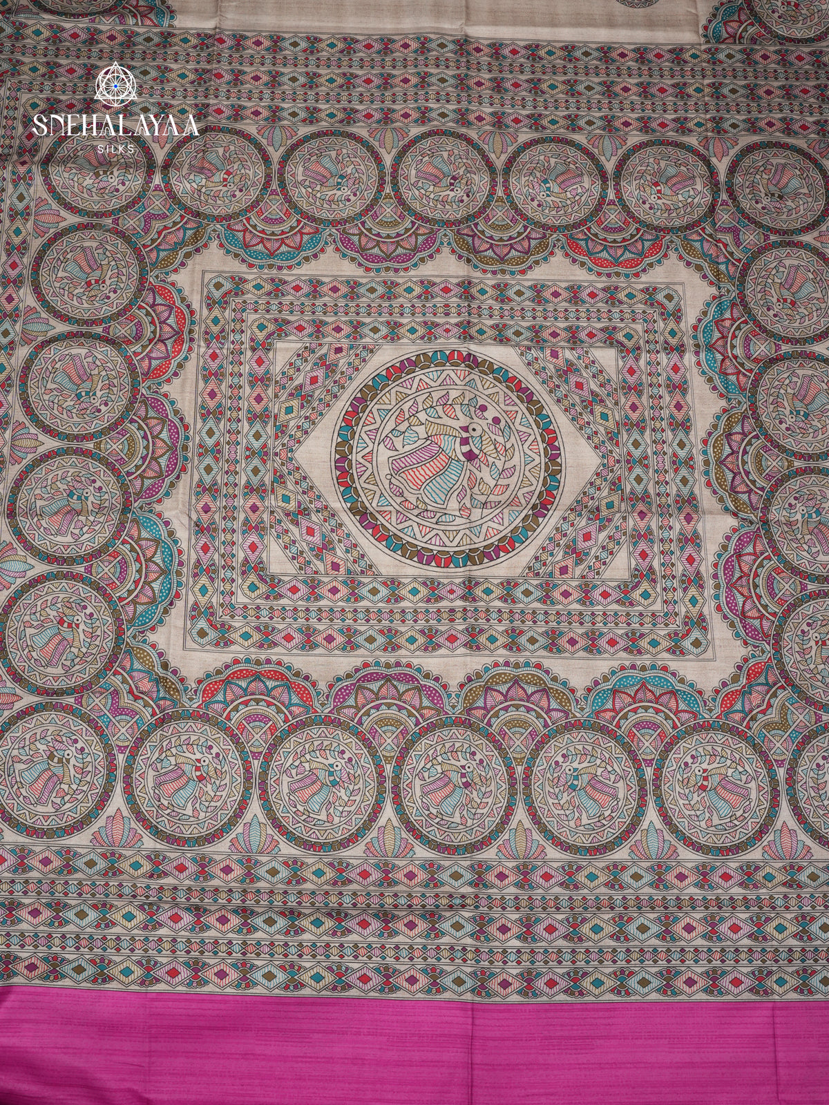 Beige With Pink Border Madhubani Saree