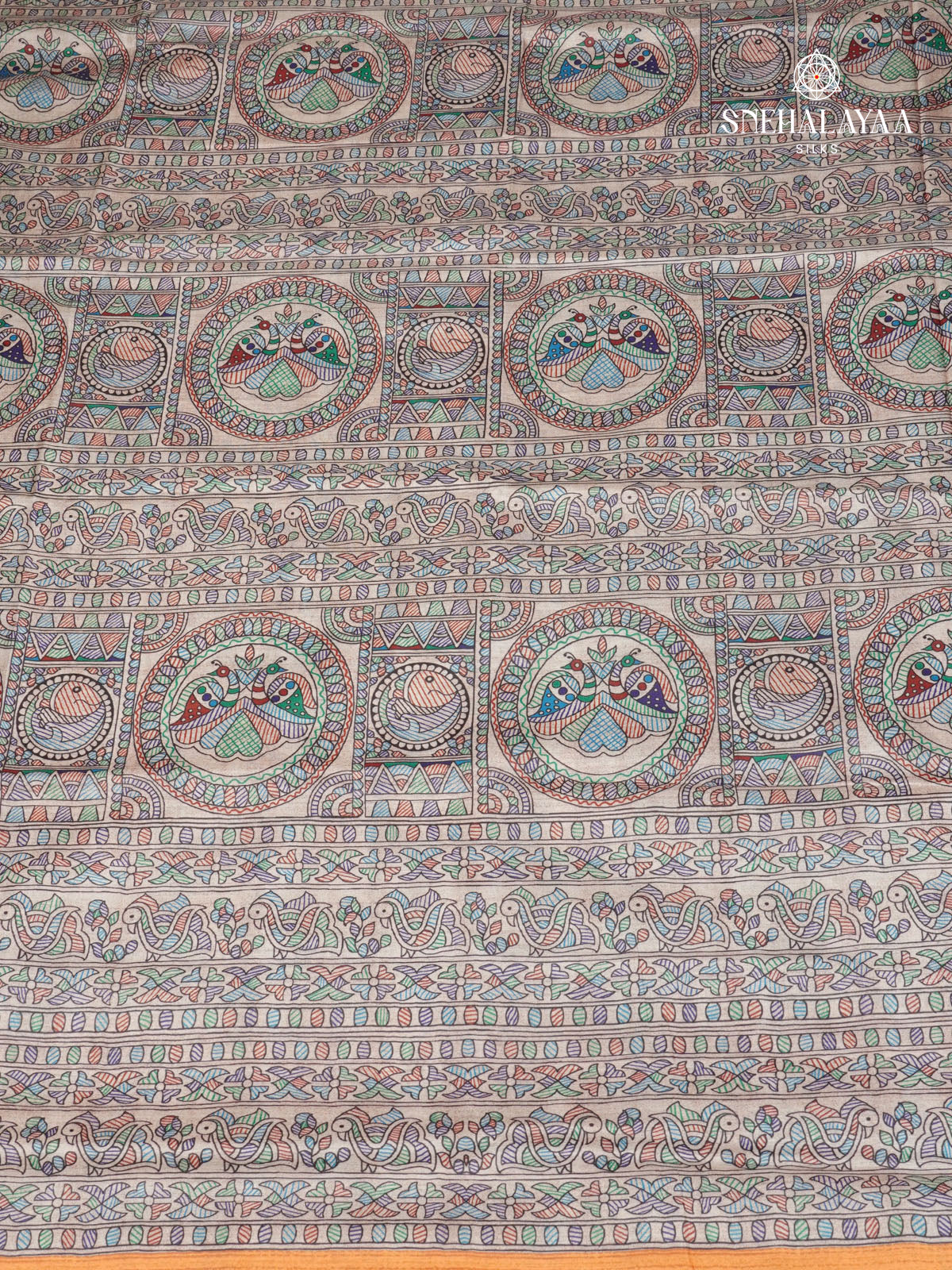 Beige With Orange Border Madhubani Saree