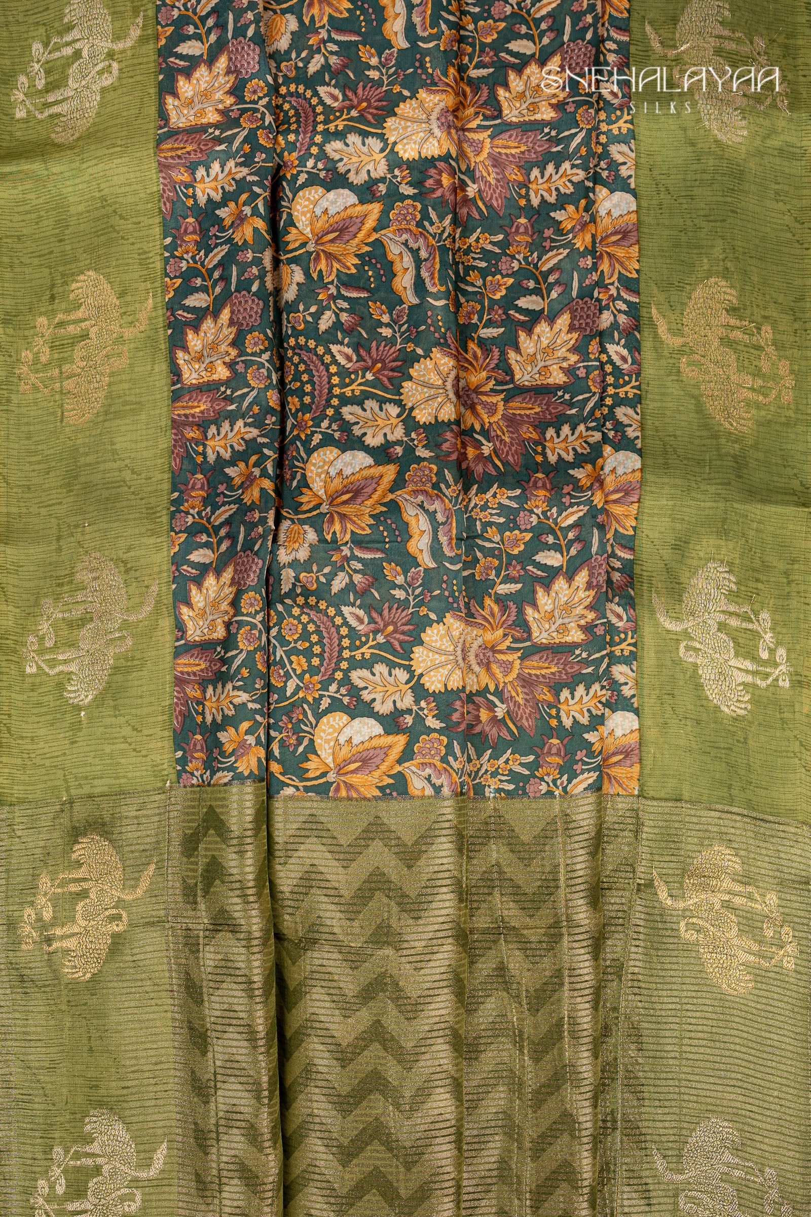 Moss Green Semi Printed Silk Saree