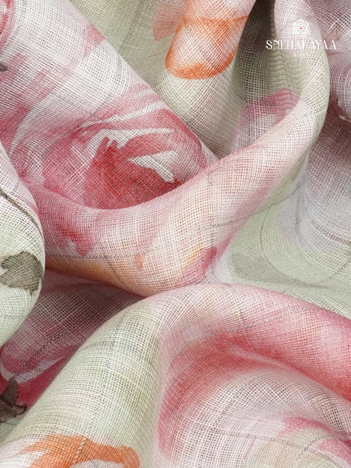 Off White Printed Linen Saree