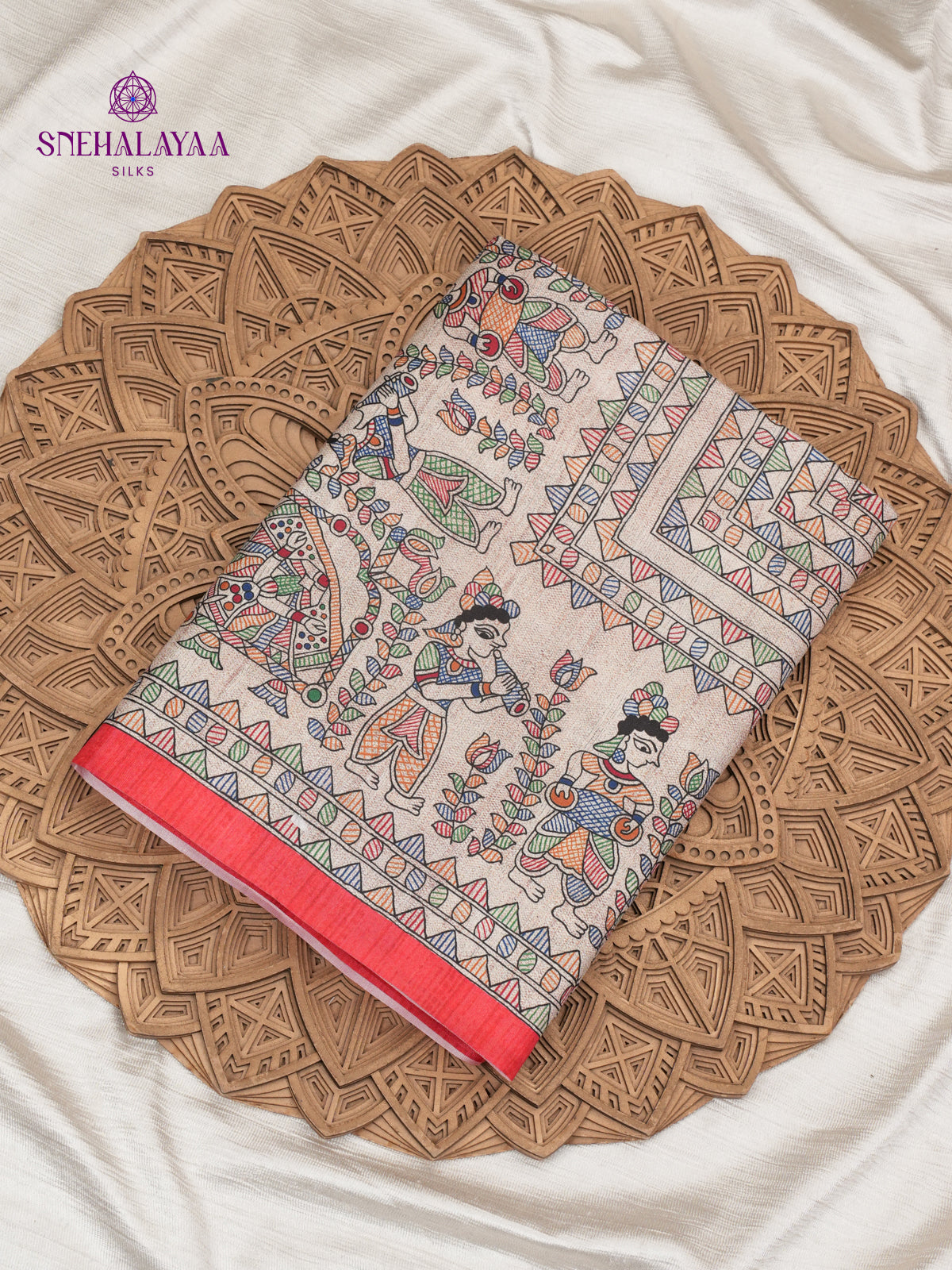 Beige with Red Border Madhubani Saree