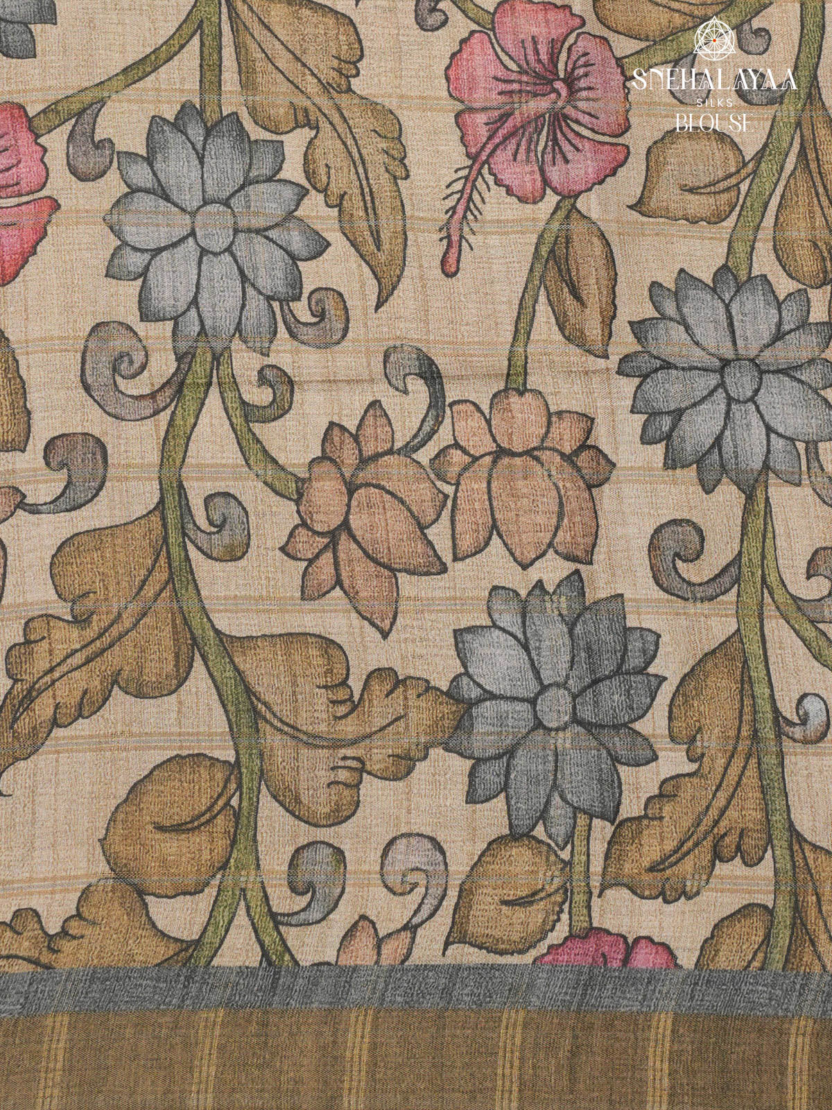 Grey Floral Printed Tussar Saree