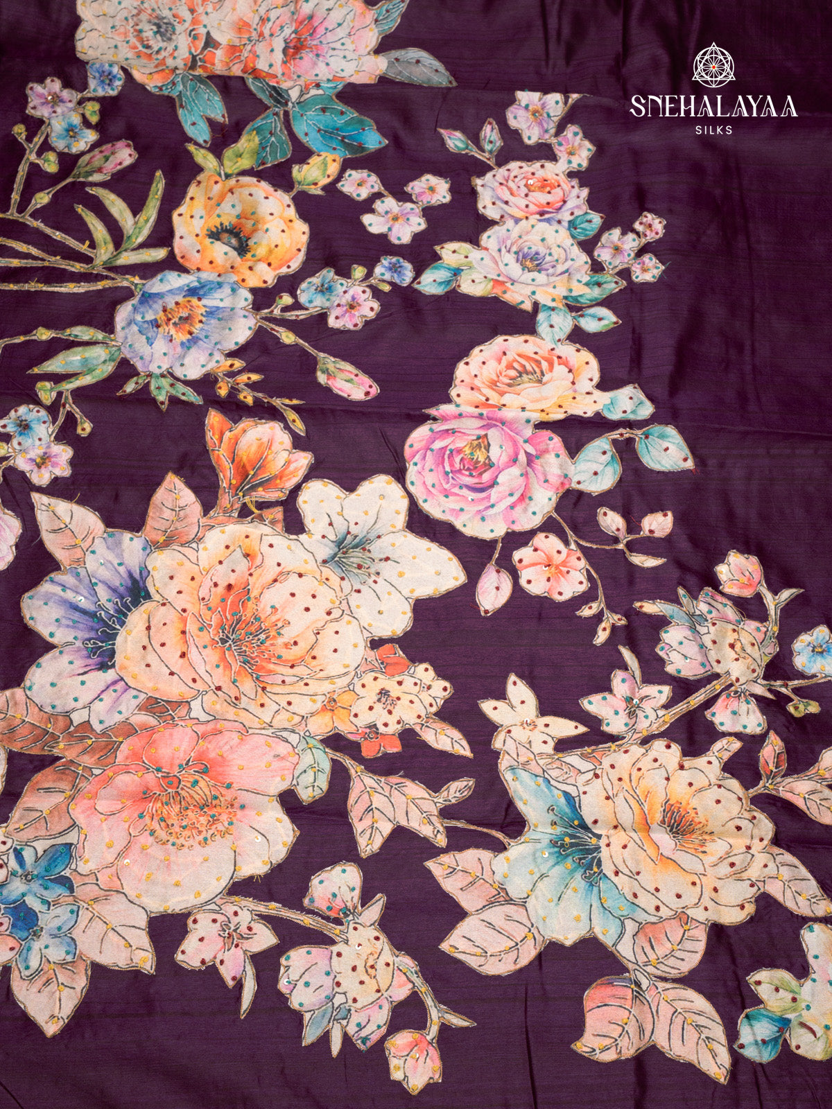 Plum Raw Silk Embroidery Saree