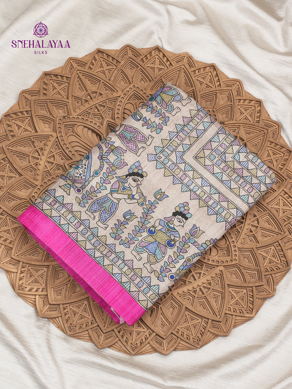 Beige With Pink Border Madhubani Saree