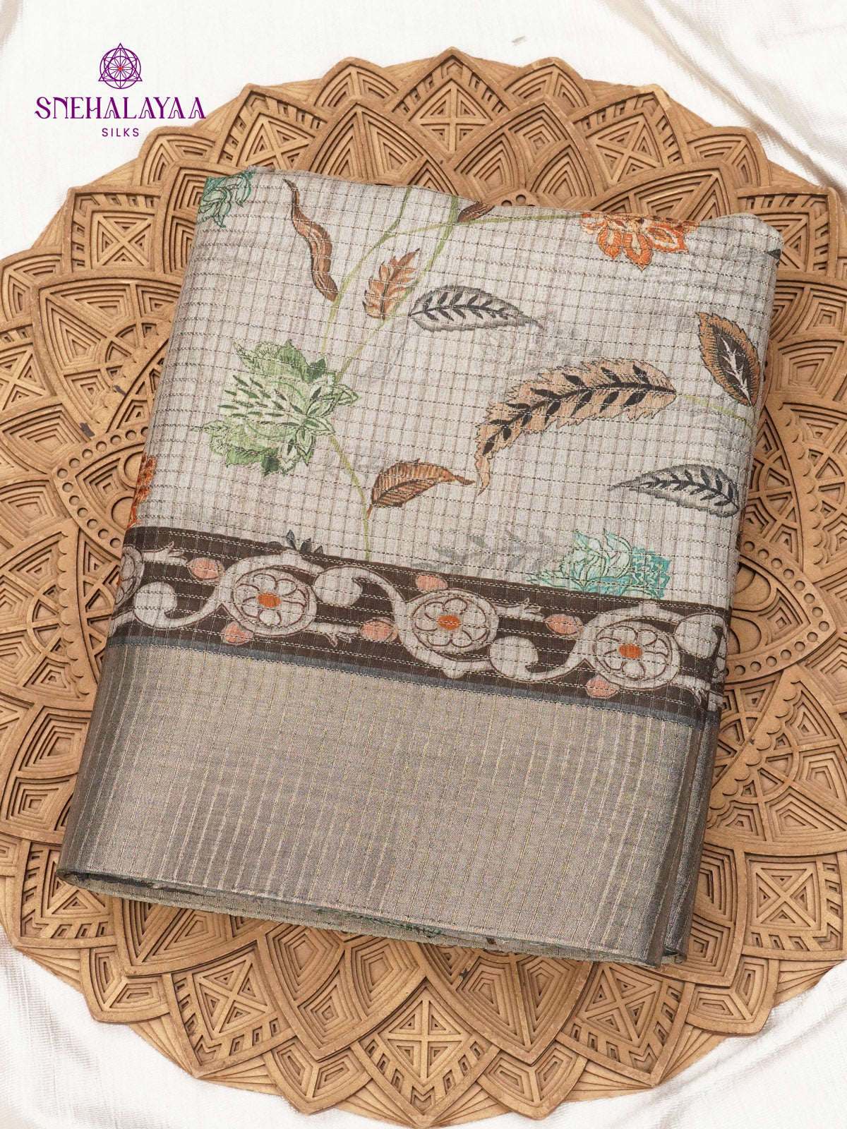 Grey Floral Printed Tussar Saree