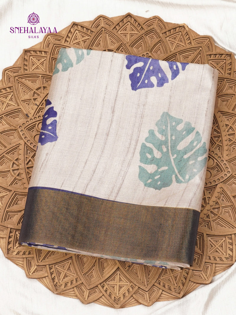 Off White Floral Printed Tussar Saree