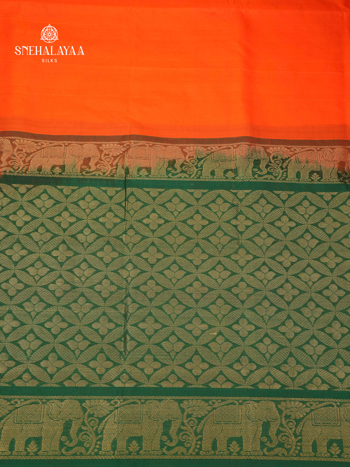 Mustard Kuppadam Silk Cotton Saree with Dark Green Elephant Zari Border