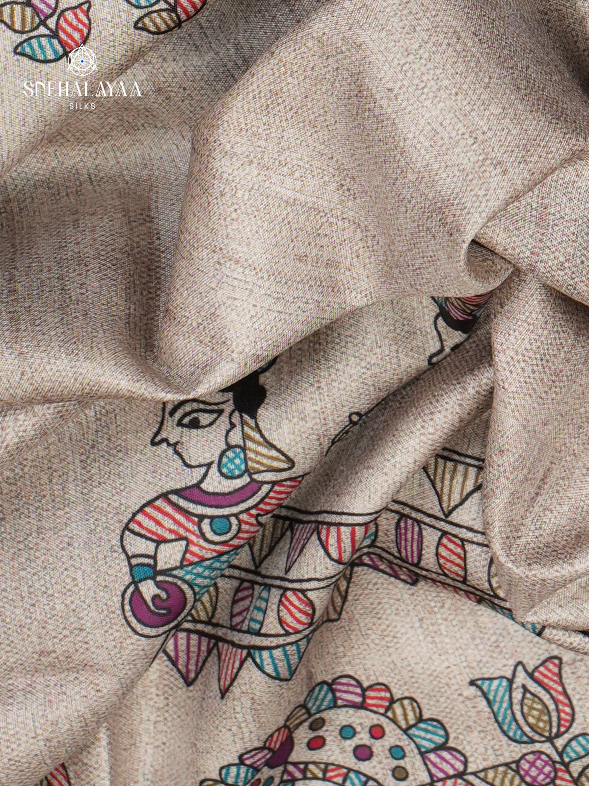 Beige With Green Border Madhubani Saree