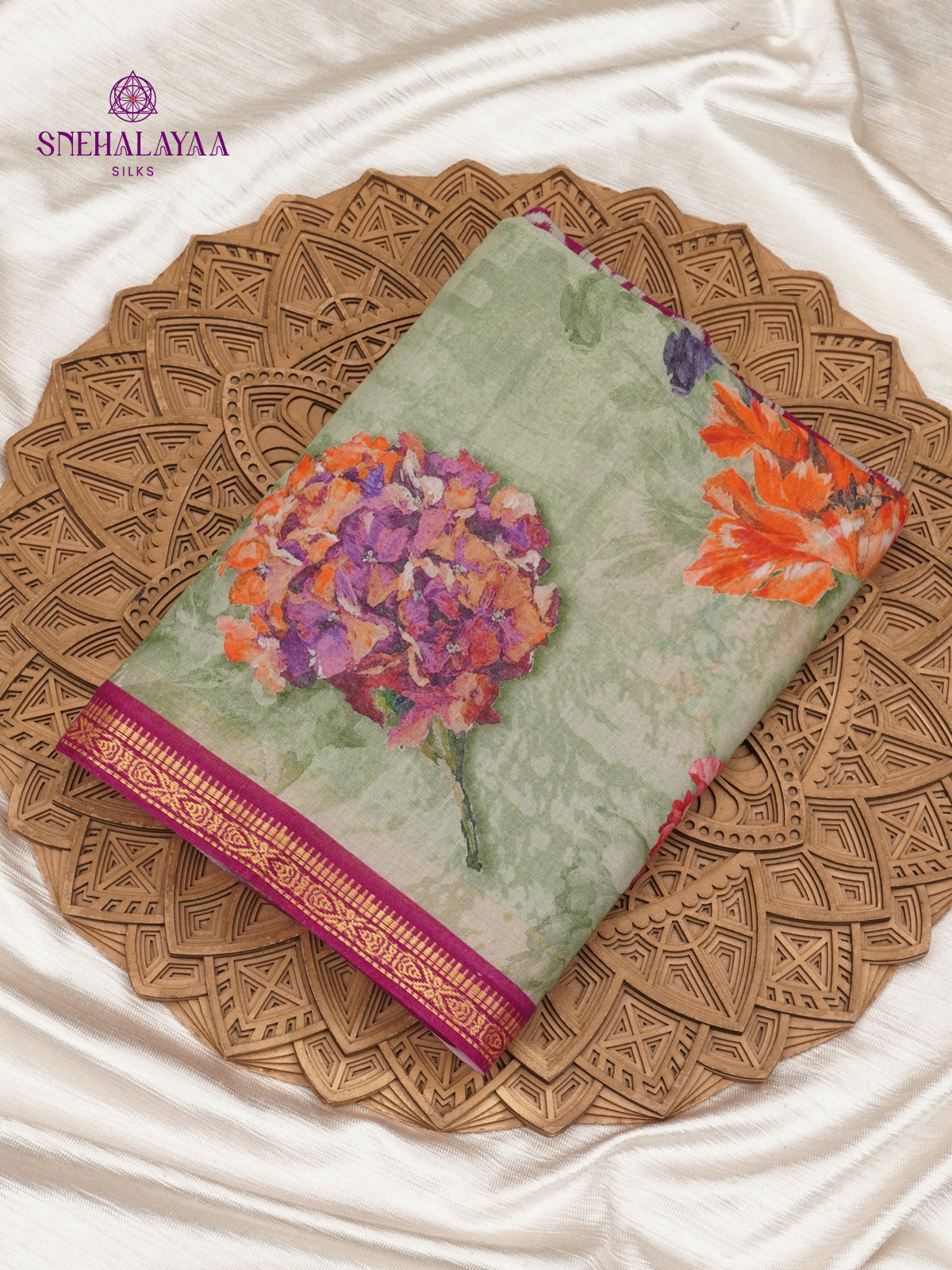 Sage Green Printed Linen Cotton Saree