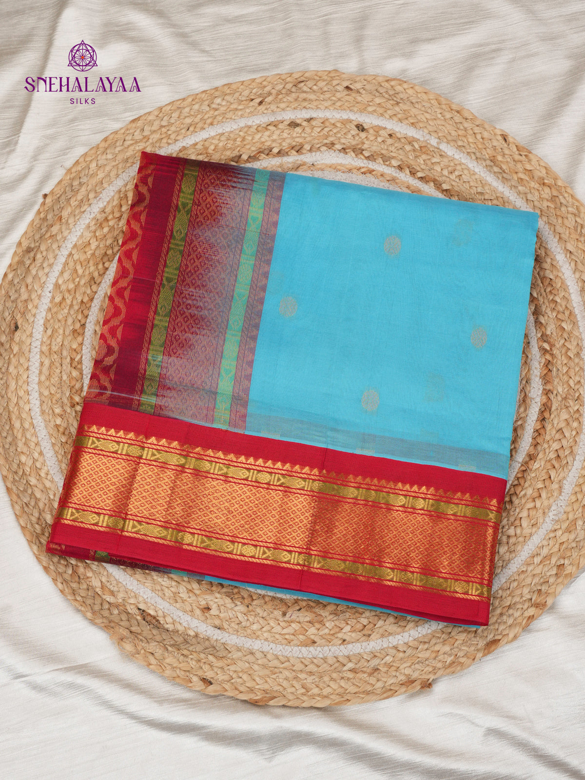 Sky Blue Kuppadam Silk Cotton Saree with Red & Gold Zari Border