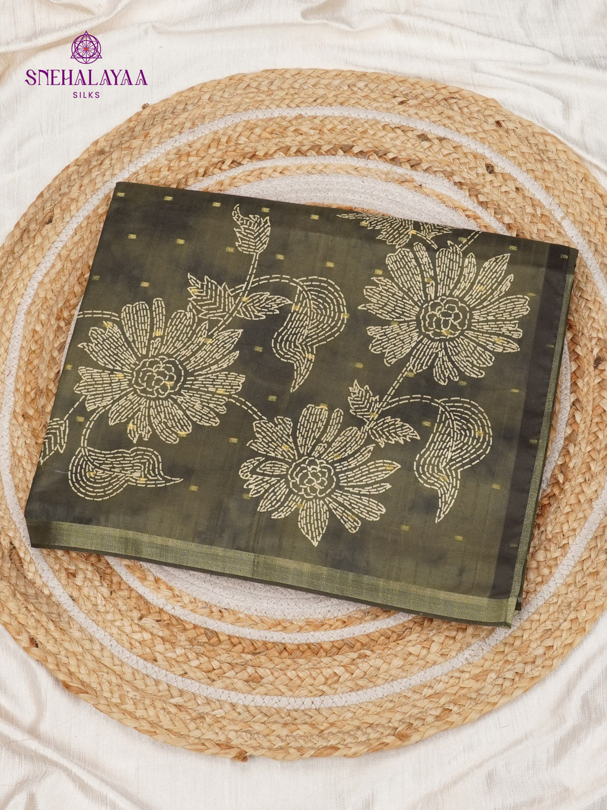 Olive Green Floral Printed Tussar Saree