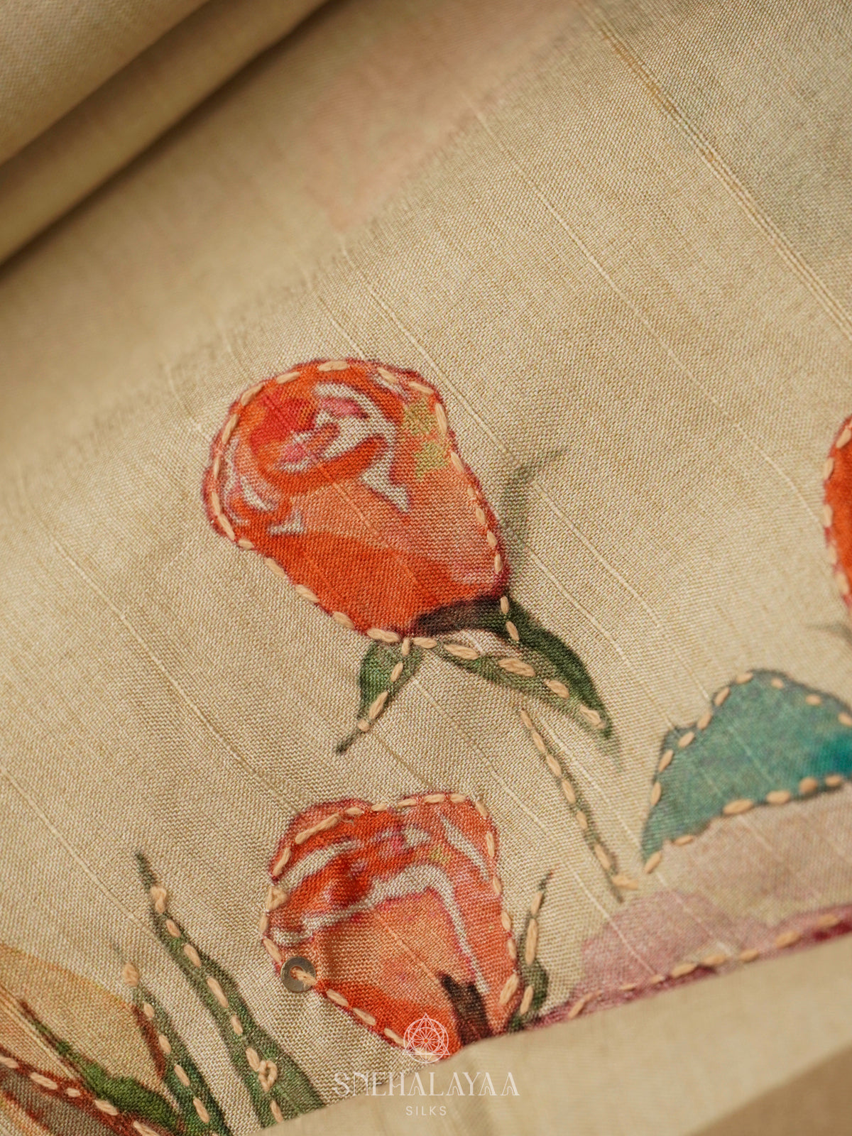 Cream Tussar Embroidery Saree