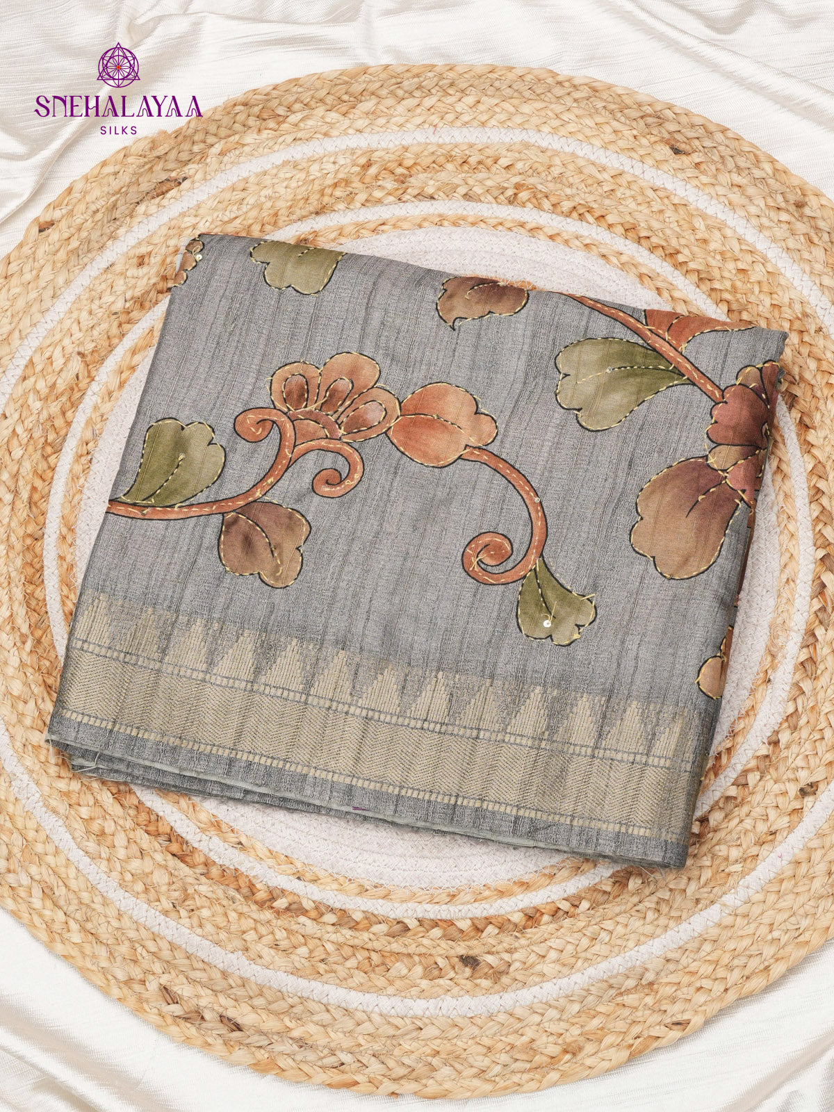 Grey Tussar Embroidery Saree