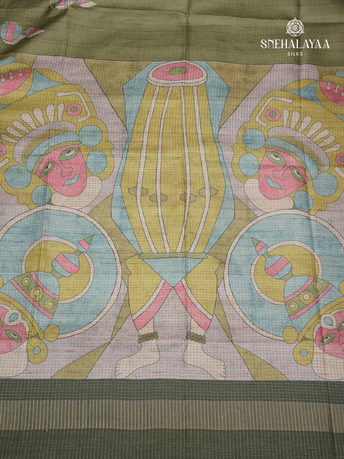 Olive Green Printed Tussar Saree