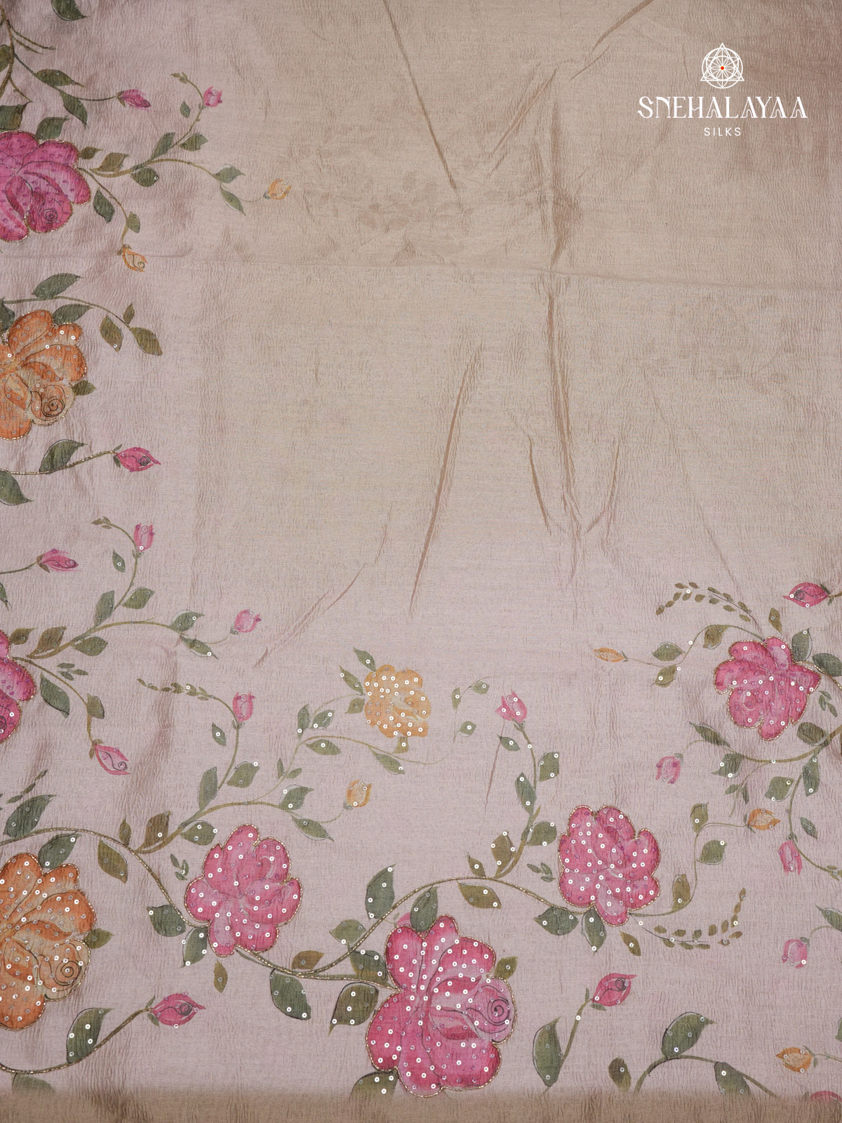 Cream Crush Embroidery Saree