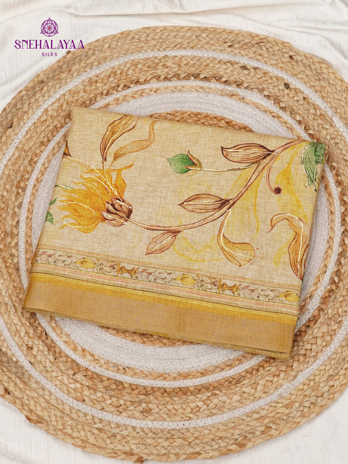 Beige Golden Floral Printed Tussar Saree