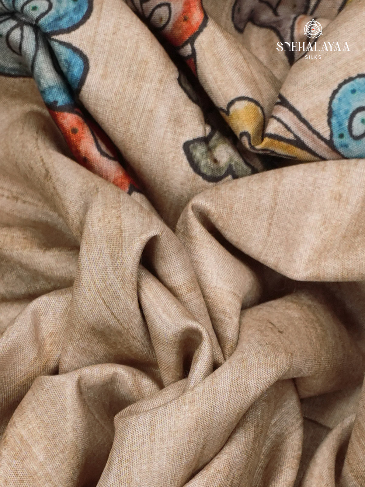 Beige Floral Printed Tussar Saree