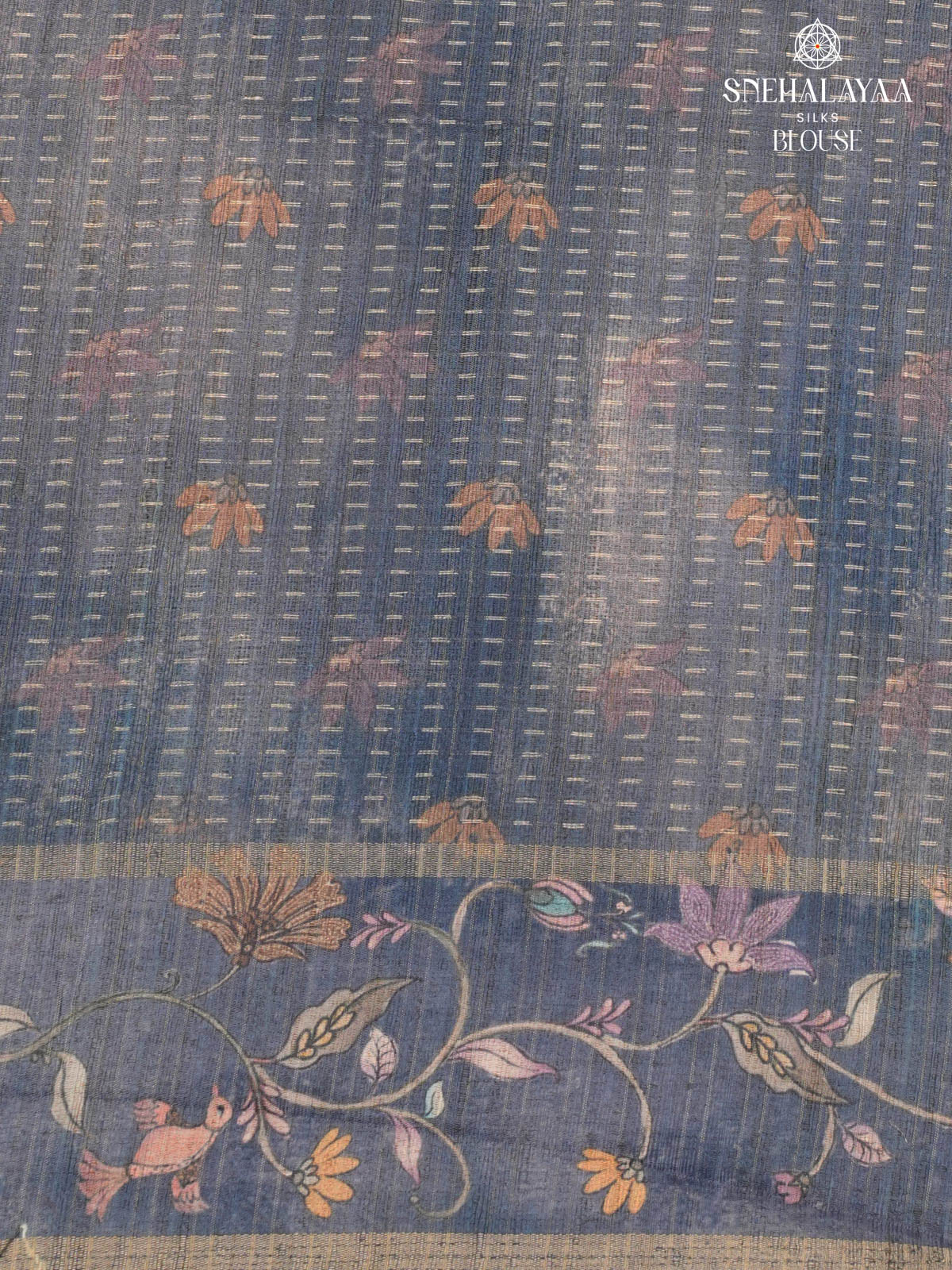 Purple Floral Printed Tussar Saree