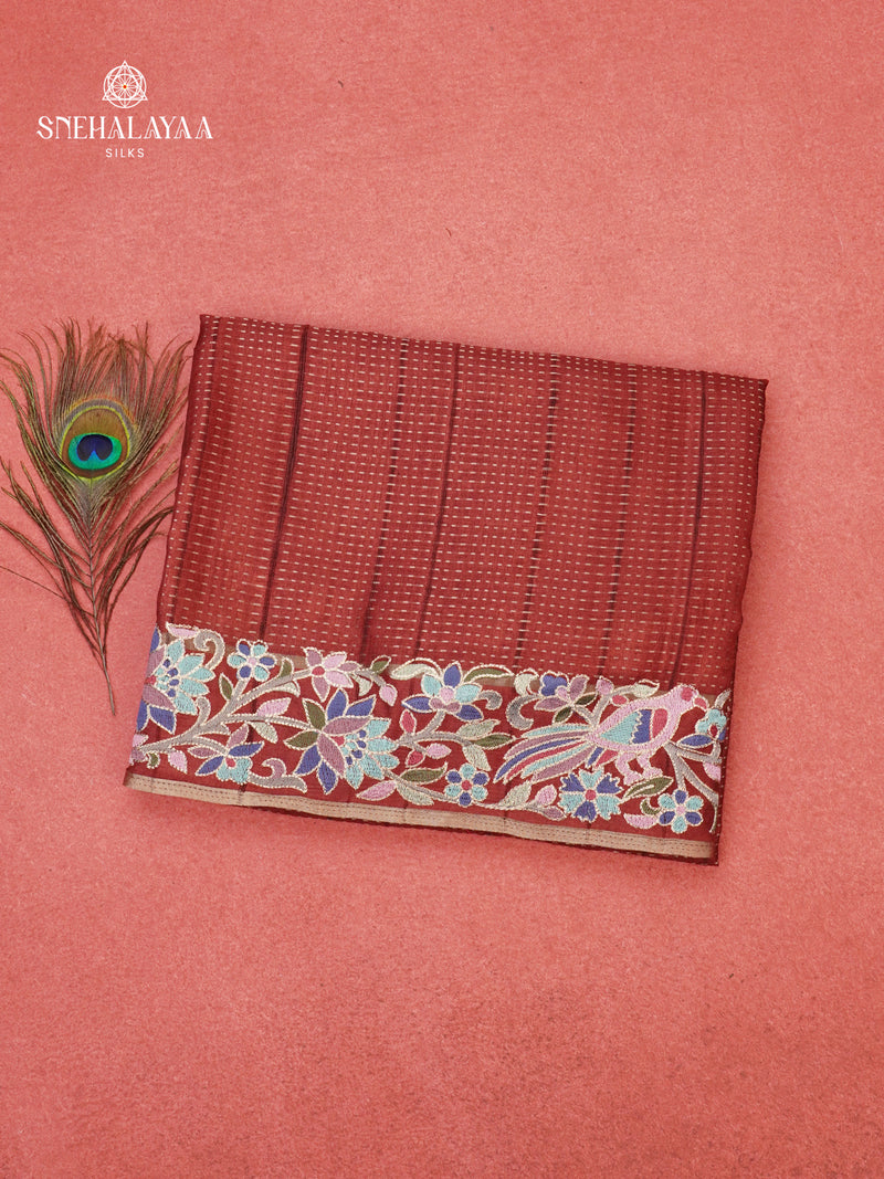 Red Munga Tussar Embroidery Saree