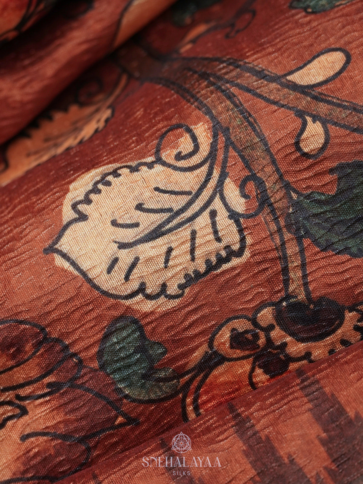 Brown Floral Printed Tussar Saree