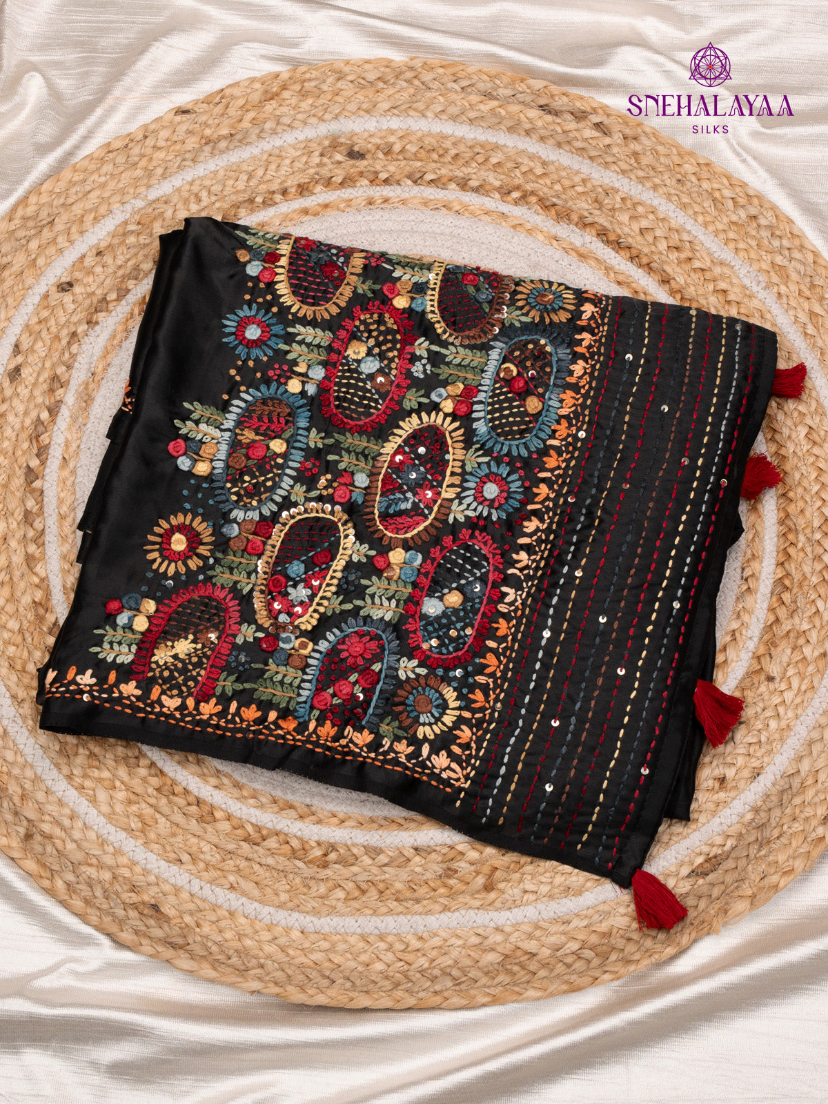 Black Satin Embroidery Saree