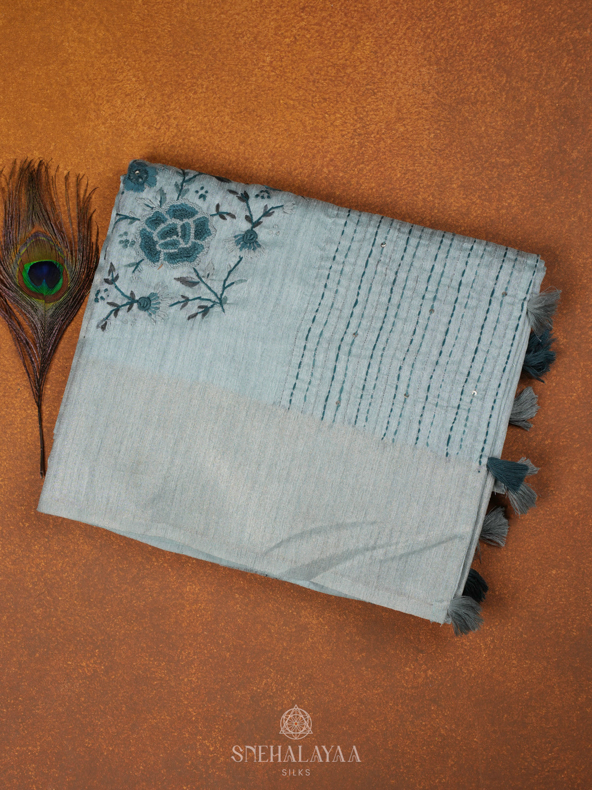 Pale Blue Linen Embroidery Saree