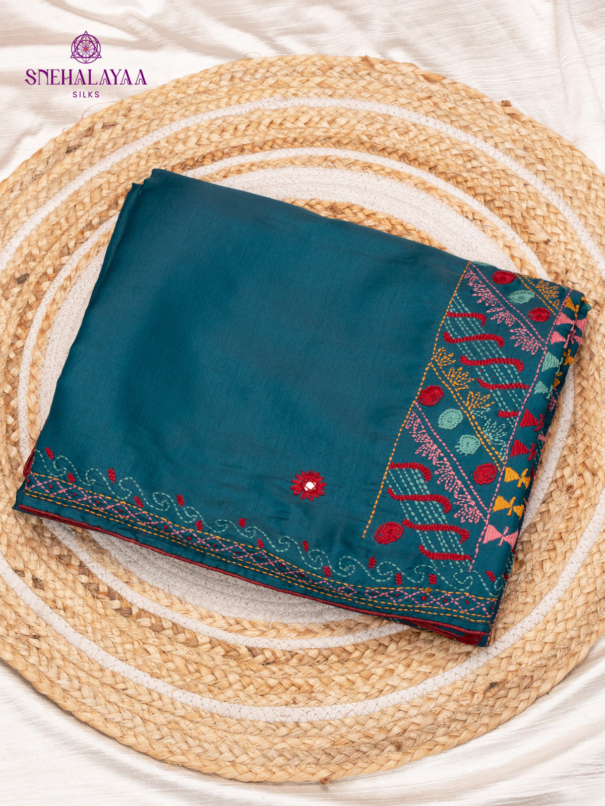 Peacock Blue Raw Silk Embroidery Saree