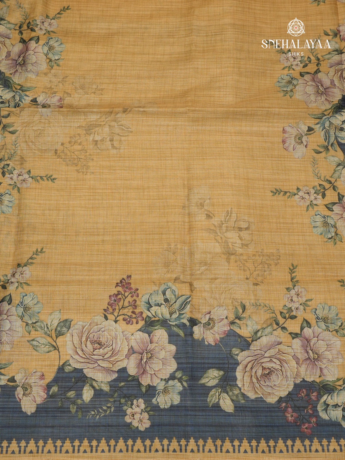 mustard Yellow With Teal Blue Printed Kota Saree