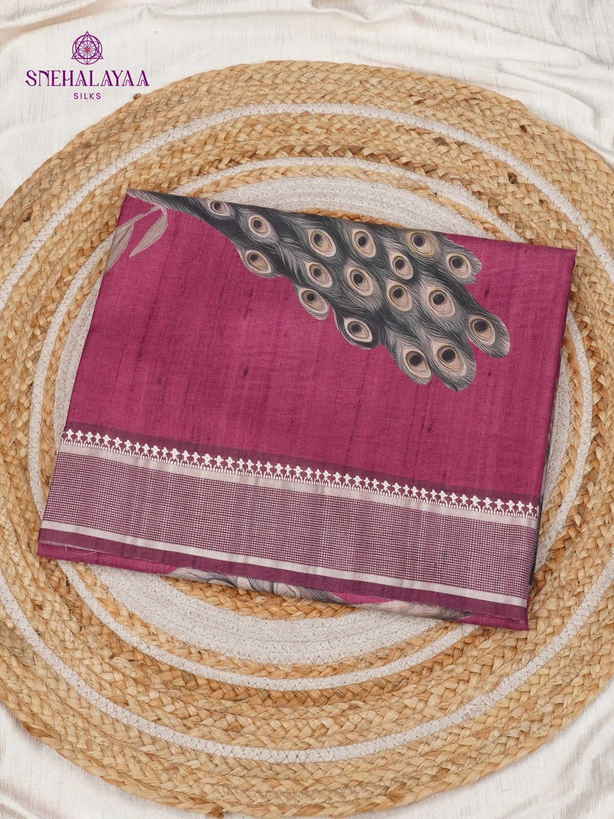 Magenta Floral Printed Tussar Saree