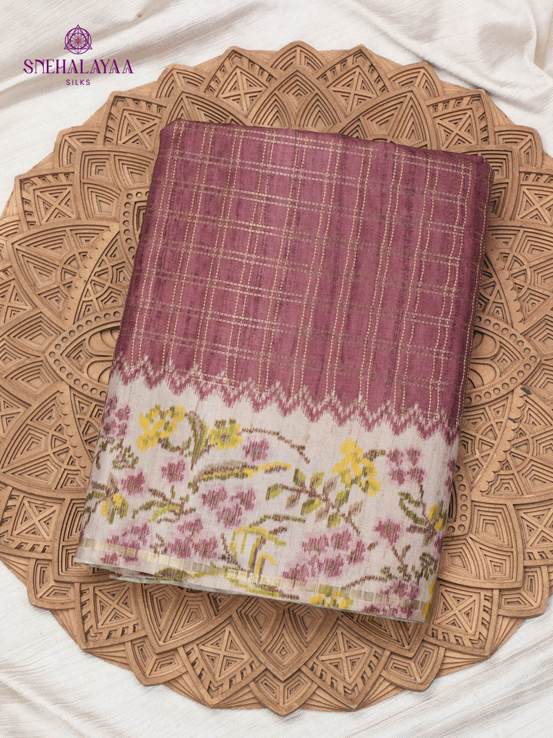 Burgundy Floral Printed Tussar Saree