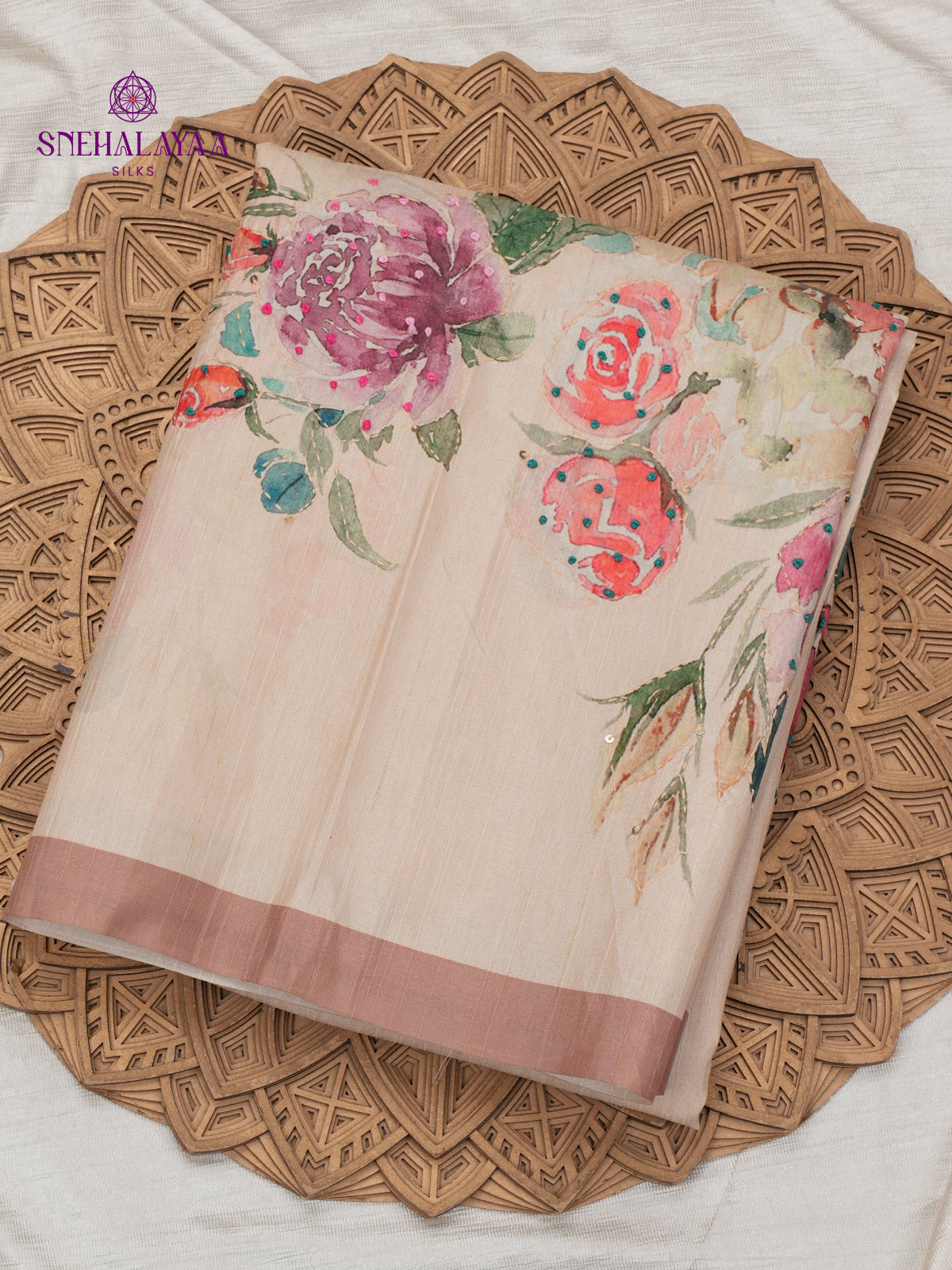 Cream Tussar Embroidery Saree