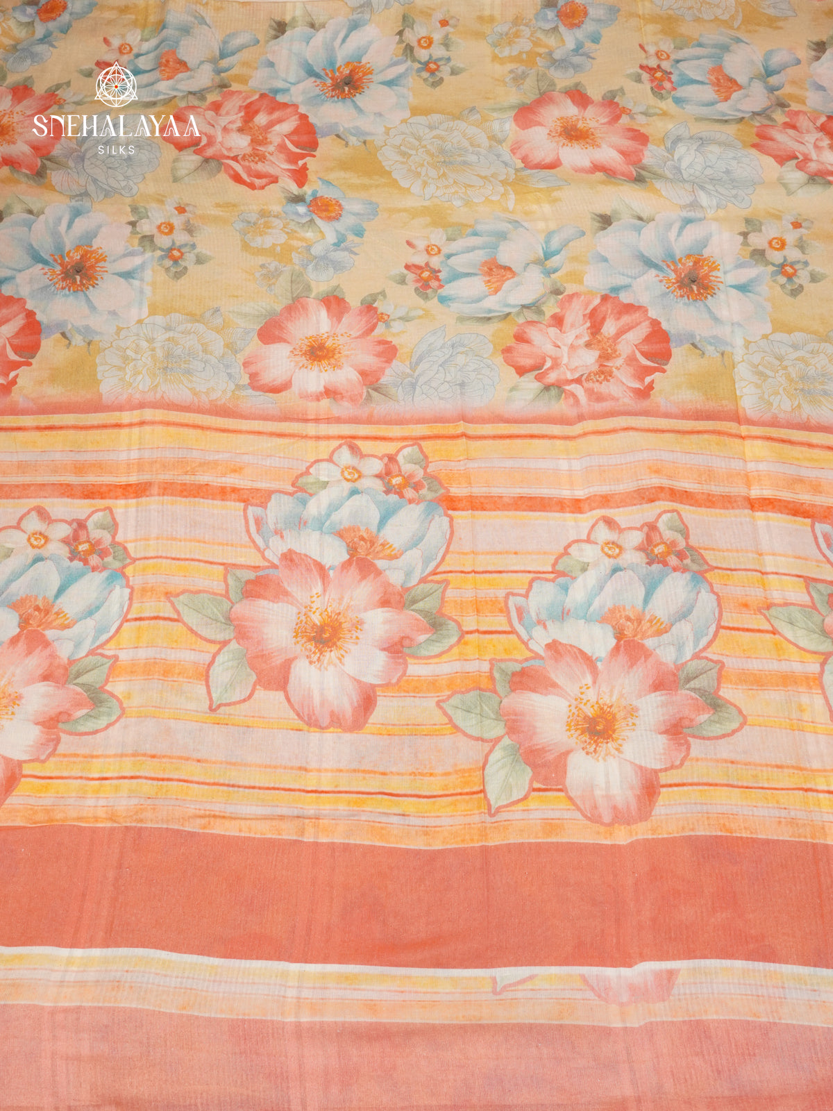 Orange Printed Linen Cotton Saree