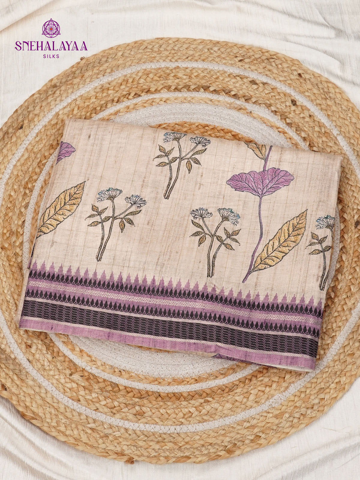 Beige With Purple Border Floral Printed Tussar Saree